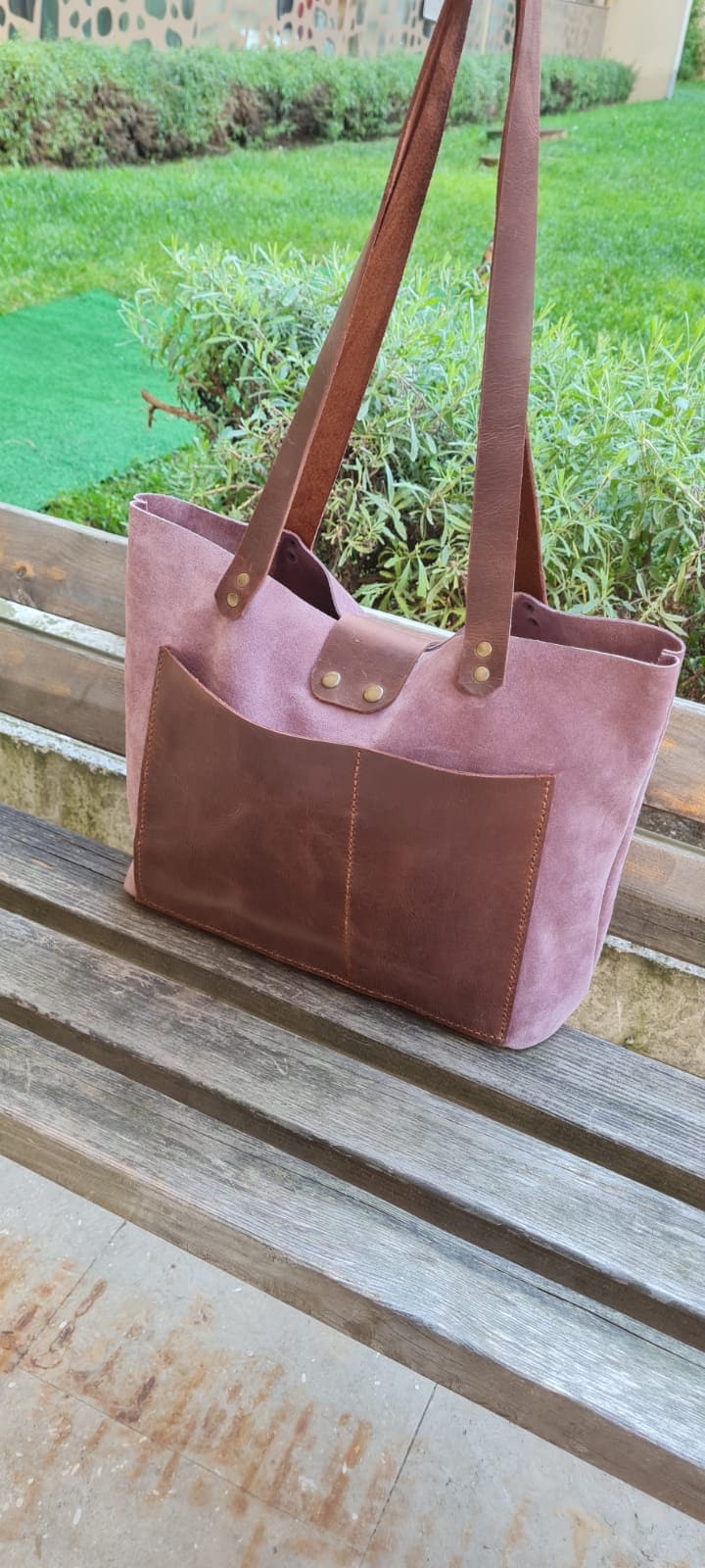 Tote Suede Leather Bag Pink and Brown Color, Suede Leather Bag, Large ...