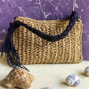 Medium Straw Clutch Bag with Zipper, Wristlet Clutch Bag with Tassels, Summer Bag, Boho Straw Bag, Crochet Clutch Purse for Women