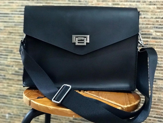 Black Leather Envelope Crossbody Bag Black Leather Messenger 