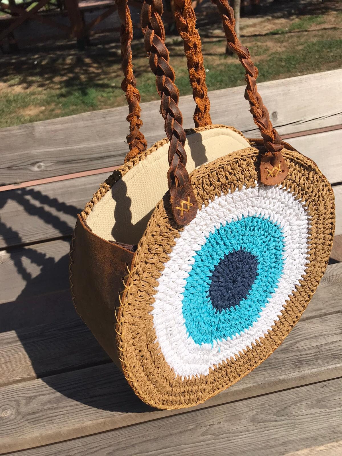Crochet Tote Bag Round Straw Bag Evil Eye Purse Summer | Etsy