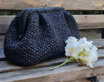 Sac à main d'été pour femme en noir, sac de soirée Boho, pochette d'été, sac en paille noire, sac en raphia au Crochet, sac à main au Crochet pour femme, pochette noire