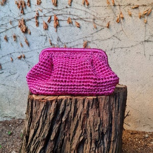 Metallic Clutch Bag in Fuchsia, Evening Pouch Bag, Luxury Party Bag, Crochet Clutch for Women, Handmade Raffia Bag, Personalized Gift forHer