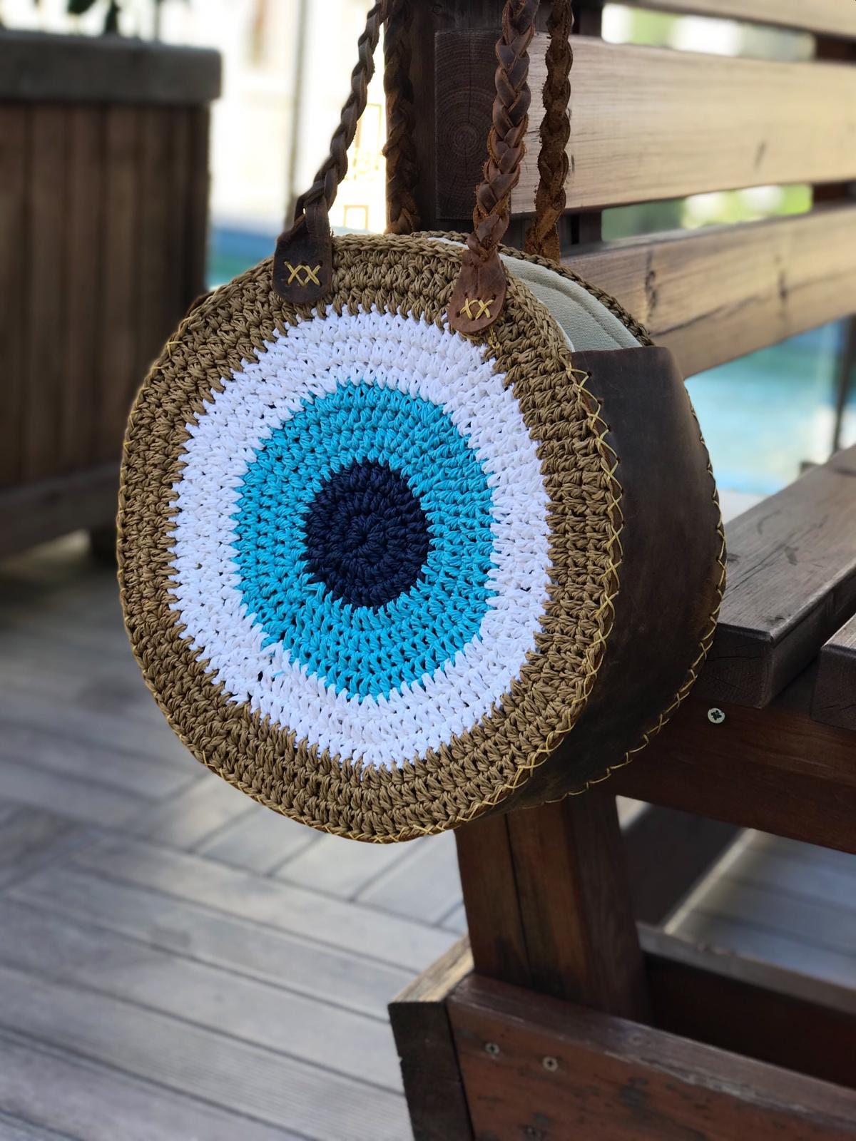 Crochet Tote Bag Round Straw Bag Evil Eye Purse Summer Etsy