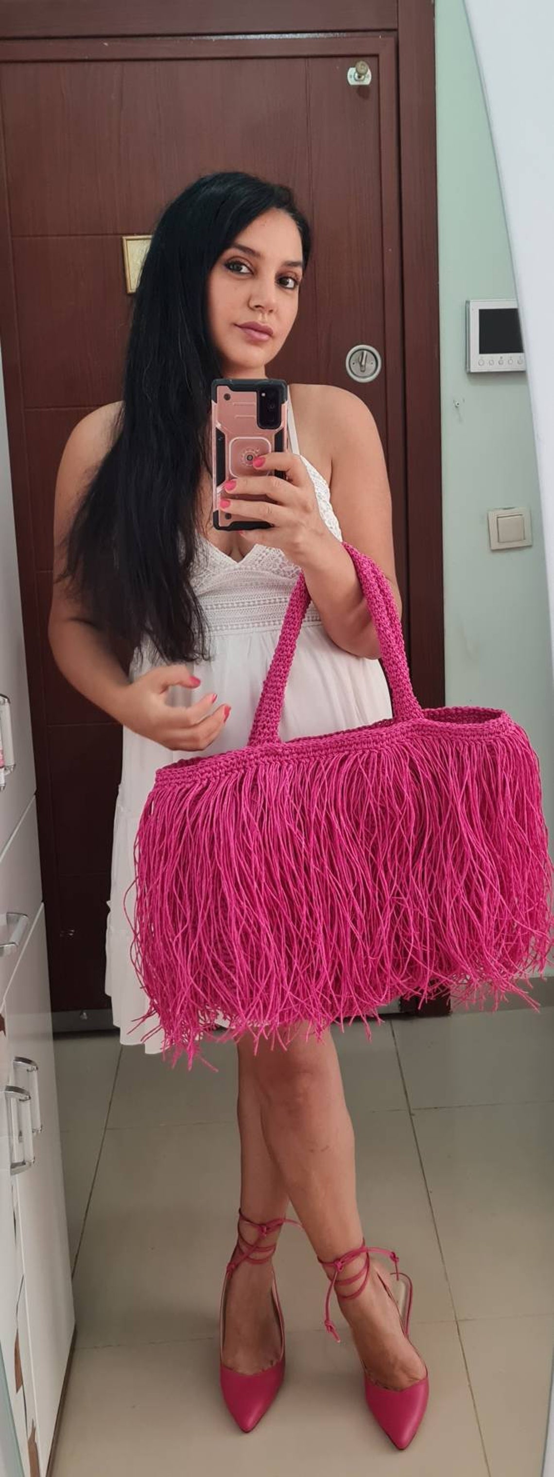 Pink Straw Tote Bag Crochet Beach Bag Fringed Large Tote - Etsy