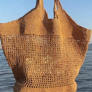 Crochet Raffia Tote Bag, Straw Large Tote, Handcrafted Boho Shoulder Bag, Handknit Tote, Shopping Bag for Women, Stylish Handmade Bag