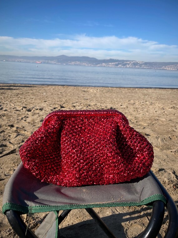 Red Raffia Clutch Bag, Raffia Pouch Bag, Red Evening Clutch