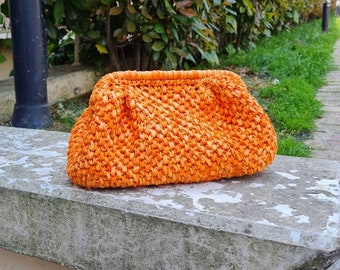 Raffia Crochet Orange Clutch Purse, Straw Pouch Bag, Knit Handwoven Clutch Bag, Handmade Gift for Women, Summer Evening Purse, Unique gift