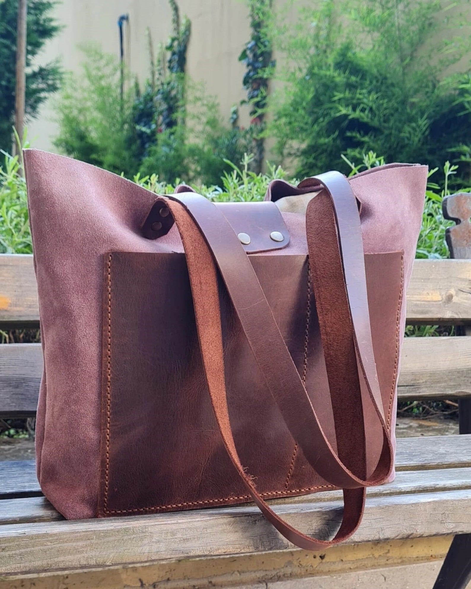 Tote Suede Leather Bag Pink and Brown Color, Suede Leather Bag, Large ...
