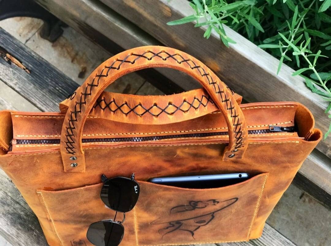 Large Leather Tote Bag in Tan Color With Zipper, Leather Tote Purse for ...