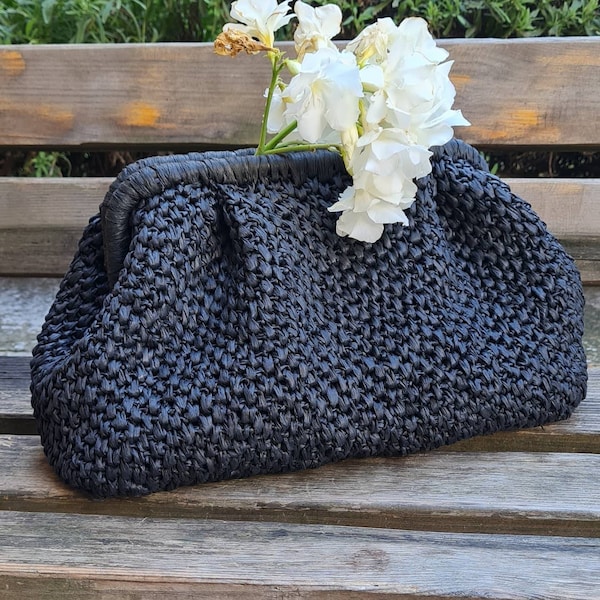 Handmade Straw Bag, Raffia Bag Handmade, Chrochet Pouch Bag, Knitted Clutch Purse, Kisslock Purse, Chrochet Summer Purse, Evening Clutch