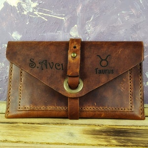 Cartera con sobre para efectivo, Cartera grabada para mujer, Cartera de cuero personalizada, Funda para teléfono con cartera, Cartera pequeña minimalista, Regalo para ella