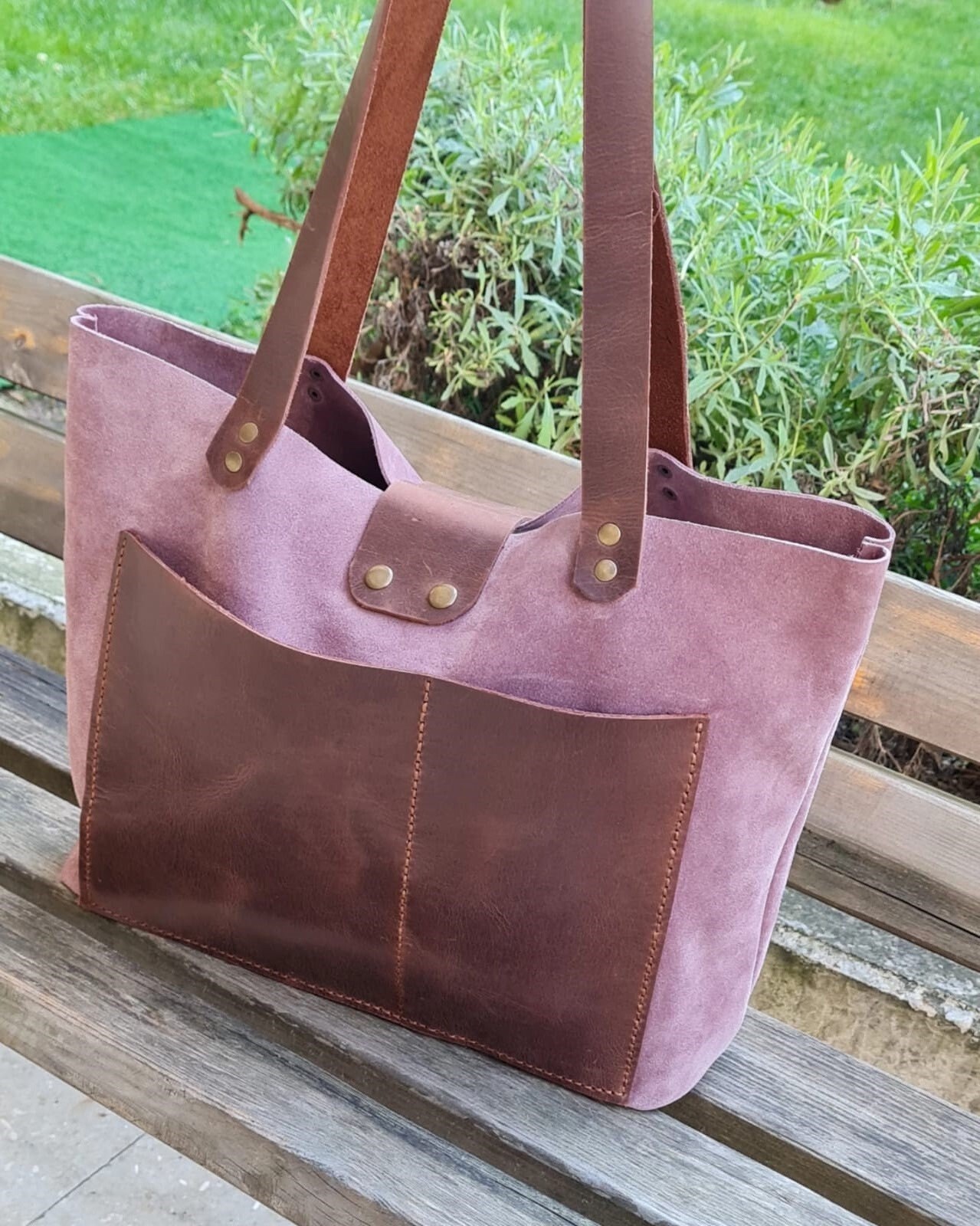 Tote Suede Leather Bag Pink and Brown Color, Suede Leather Bag, Large ...