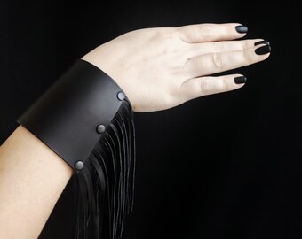 Fringed bracelet genuine leather black,  Avant garde steampunk bangle, Handmade party, festival accessories for woman, men