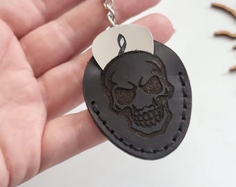 Personalized Leather Guitar Pick Holder, Crazy Horse Skull Keychain, Engraved Name or Logo, Gift Boxed