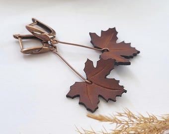 Leather Maple Leaf Earrings  Fall Jewelry Gift for Her  Wooden Gift Box Included