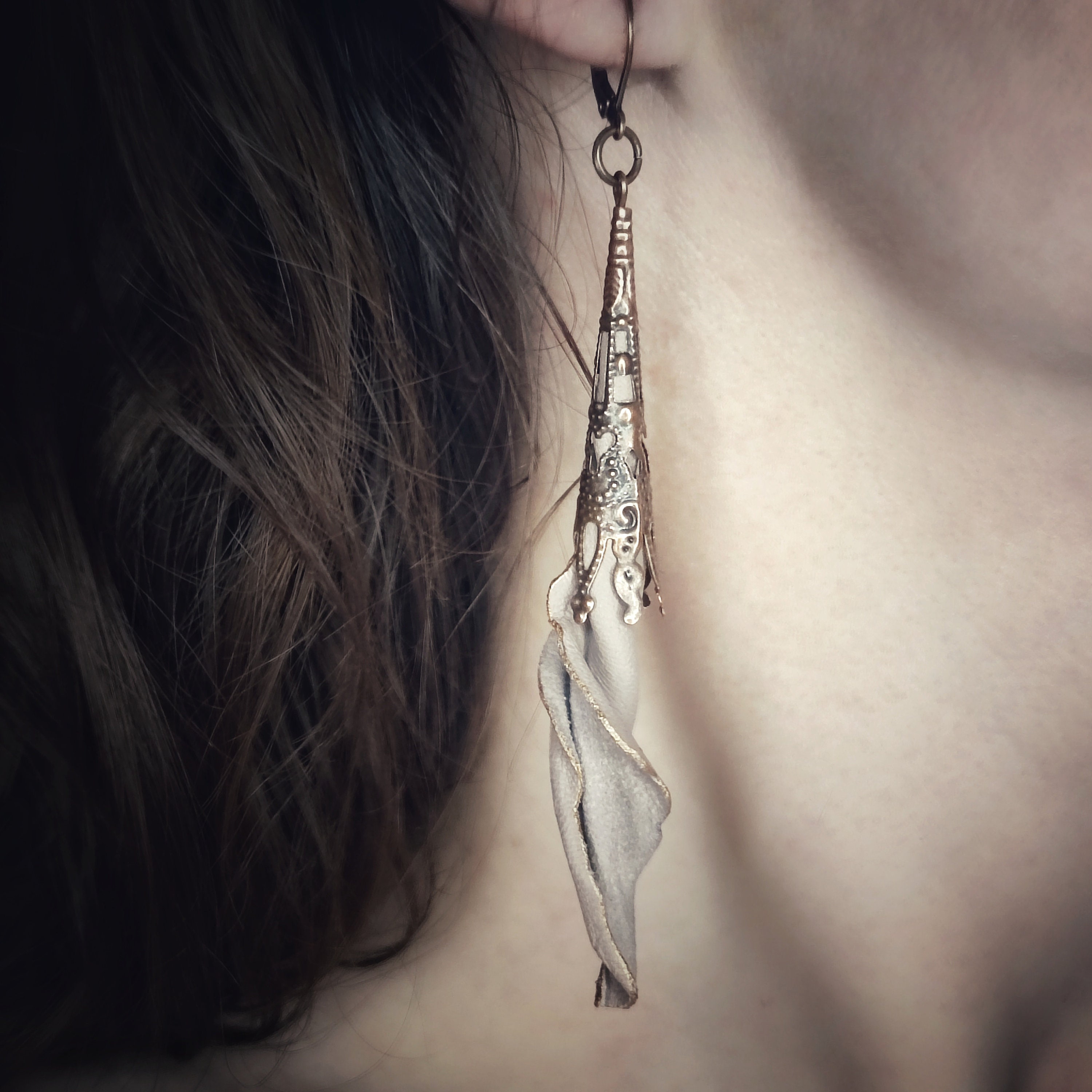 Gothic filigree long cone earrings genuine leather, Flower victorian dangle earrings, White, black, beige, Handmade jewelry, Gift for woman
