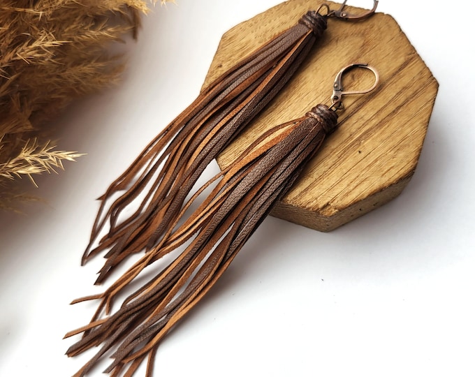 Long genuine leather fringe earrings, Designer statement jewellery, Handmade Western Jewelry,    Brown/Black/White/Red/ Gold/ Silver