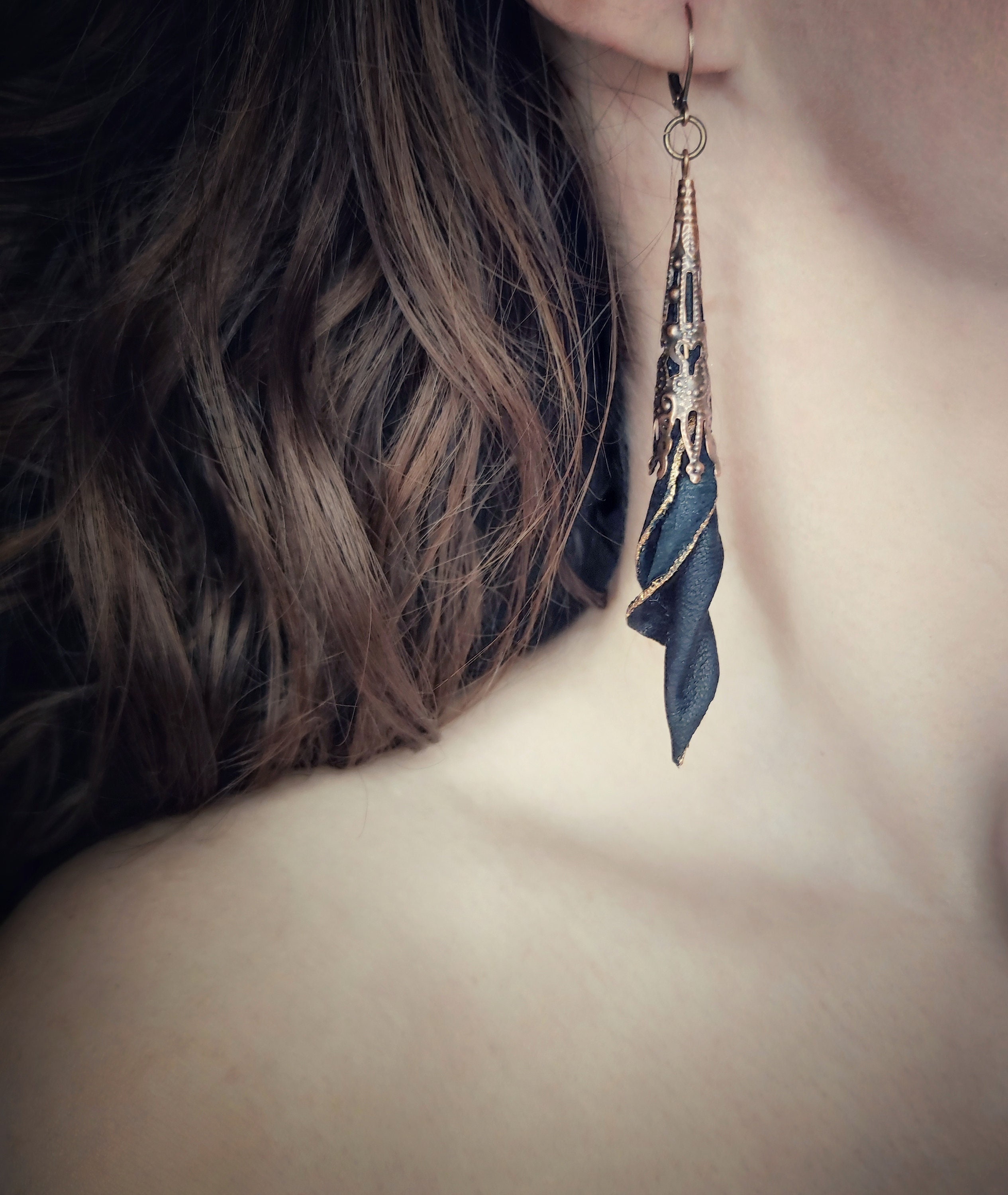 Gothic filigree long cone earrings genuine leather, Flower victorian dangle earrings, White, black, beige, Handmade jewelry, Gift for woman