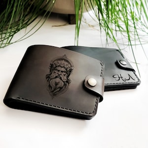 Cartera de bolsillo para monedas para hombre, Carteras plegables de cuero real, Grabado personalizado, Cartera clásica marrón o negra para él, Caja de madera gratis