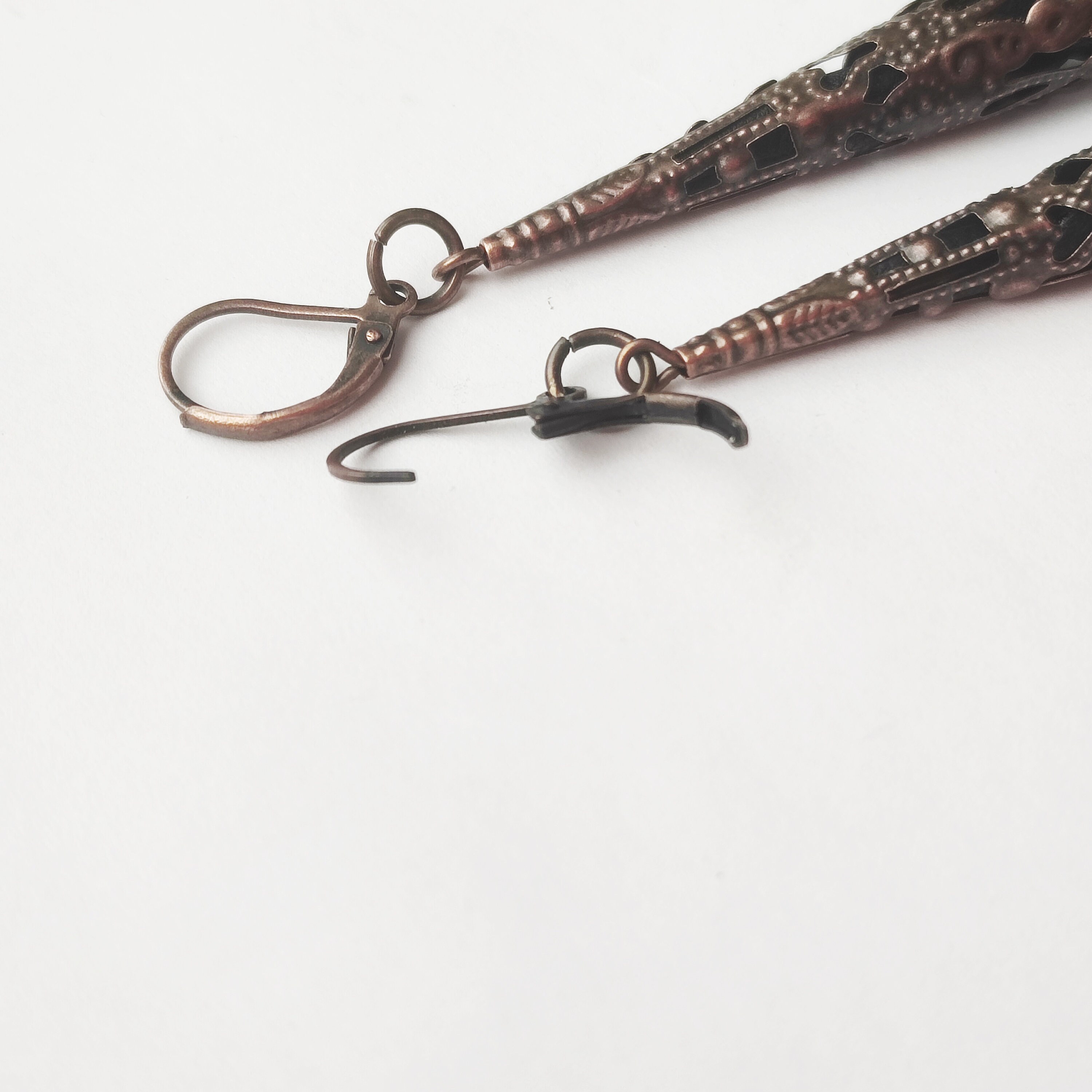 Gothic filigree long cone earrings genuine leather, Flower victorian dangle earrings, White, black, beige, Handmade jewelry, Gift for woman