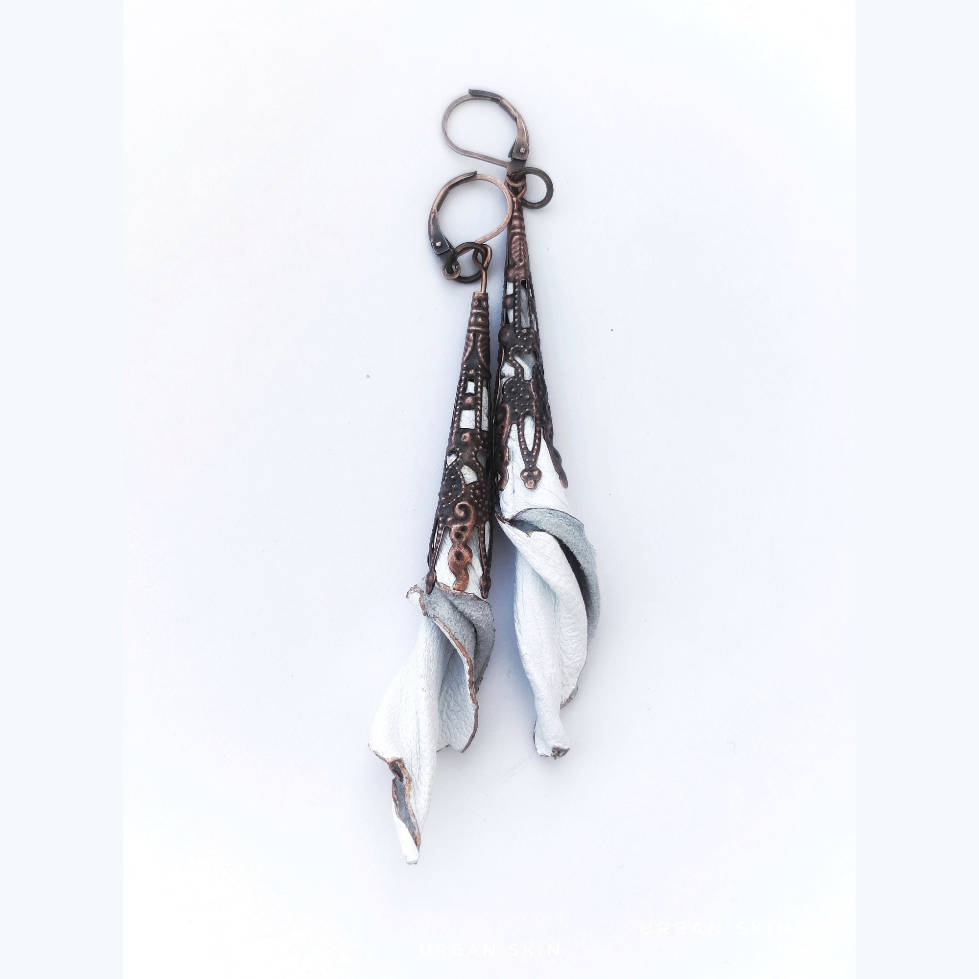 Gothic filigree long cone earrings genuine leather, Flower victorian dangle earrings, White, black, beige, Handmade jewelry, Gift for woman