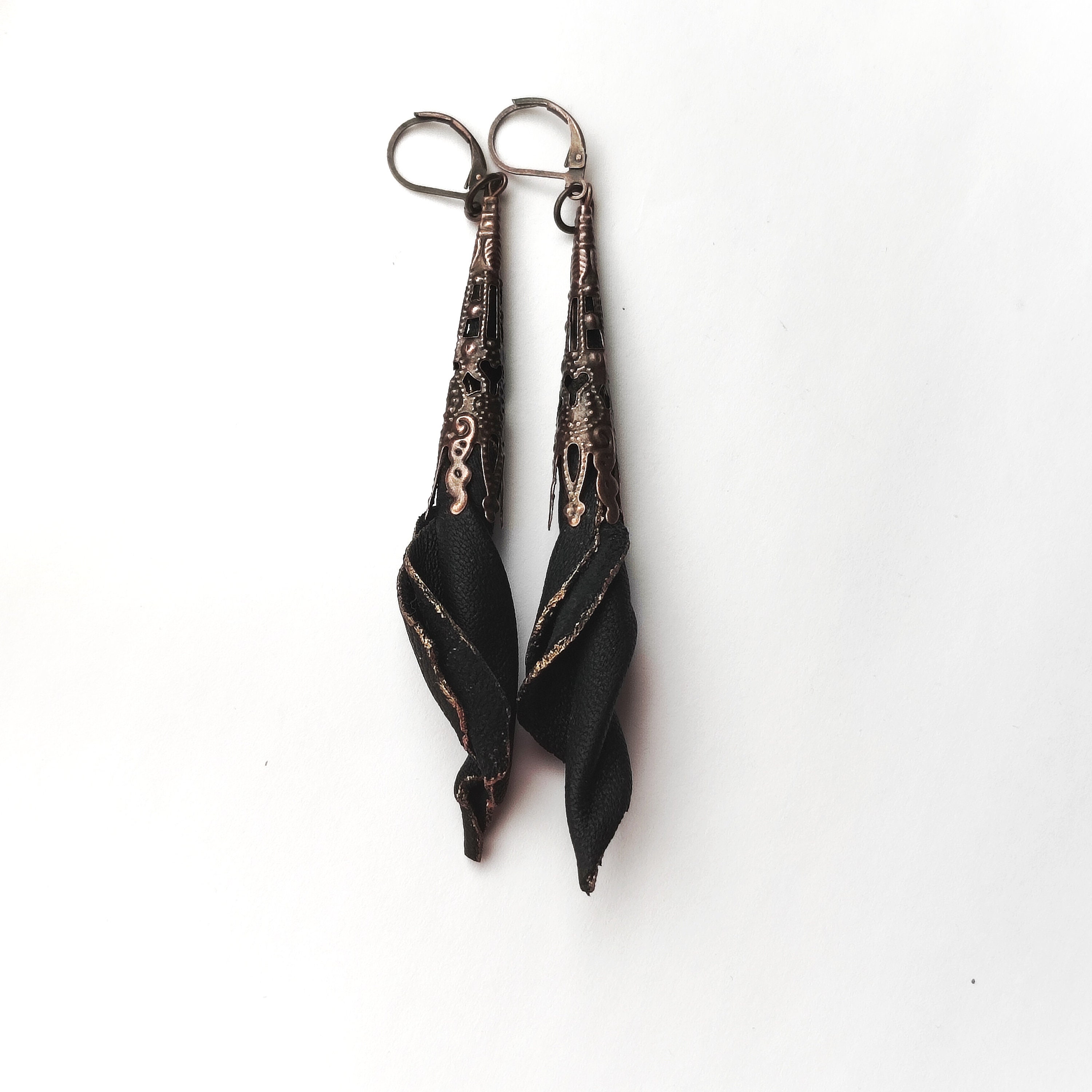 Gothic filigree long cone earrings genuine leather, Flower victorian dangle earrings, White, black, beige, Handmade jewelry, Gift for woman