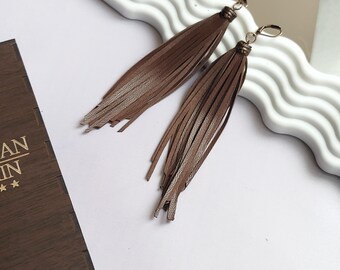 Long genuine leather fringe earrings| Hook or lever back designer earrings| Handmade Western Jewelry,  Brown/Black/White/Red/ Gold/ Silver