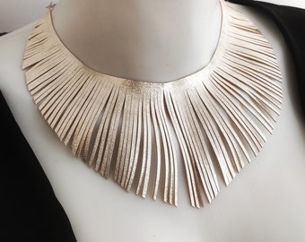 Gold Fringe Leather Choker: Handmade Statement Necklace