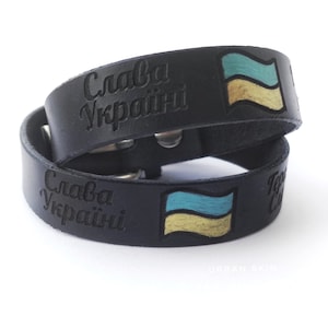 Сouples Ukrainisch Echtleder Armband, Blaue und gelbe Flagge, Glory to Ukraine! Слава Украону, handgemachtes Unisex Geschenk
