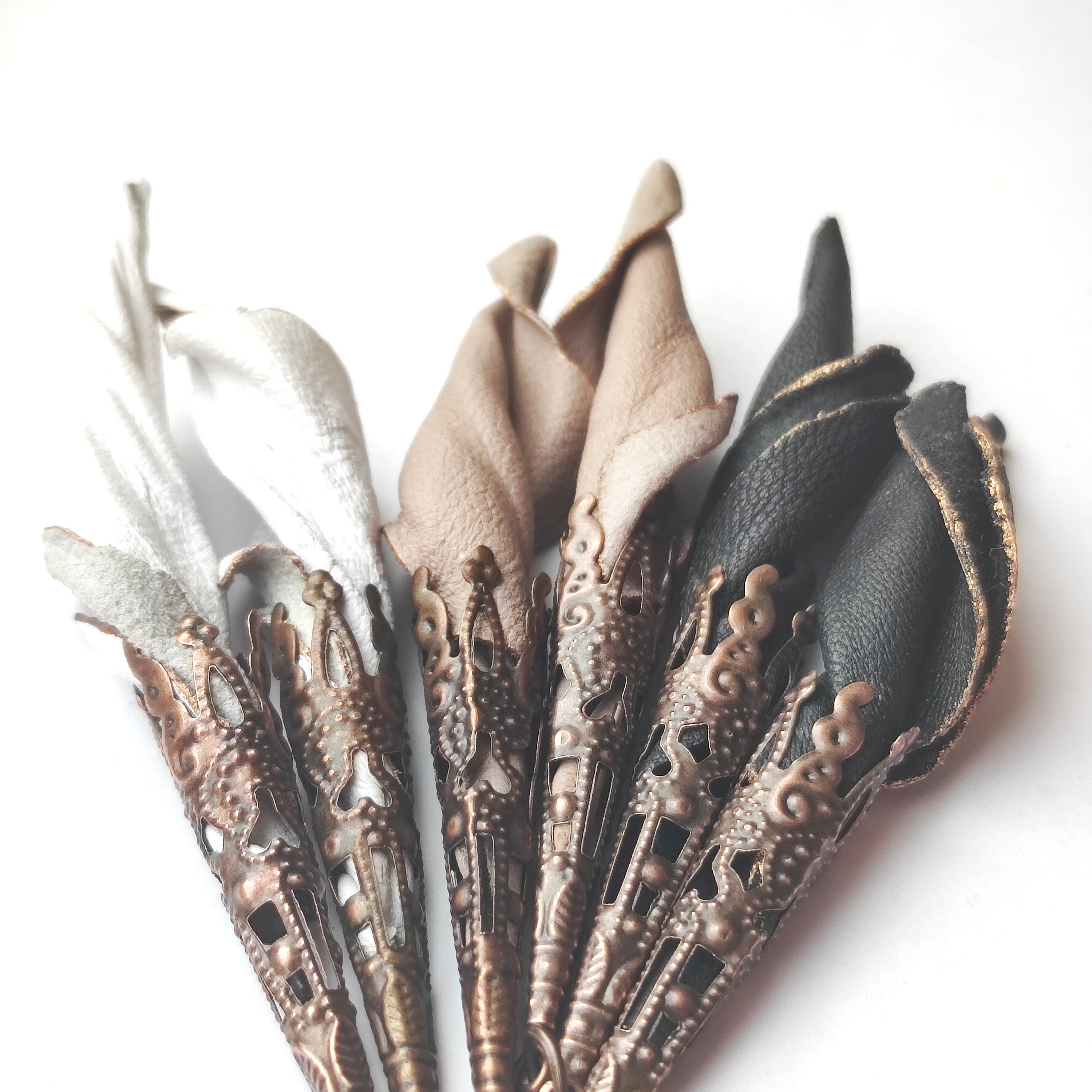 Gothic filigree long cone earrings genuine leather, Flower victorian dangle earrings, White, black, beige, Handmade jewelry, Gift for woman