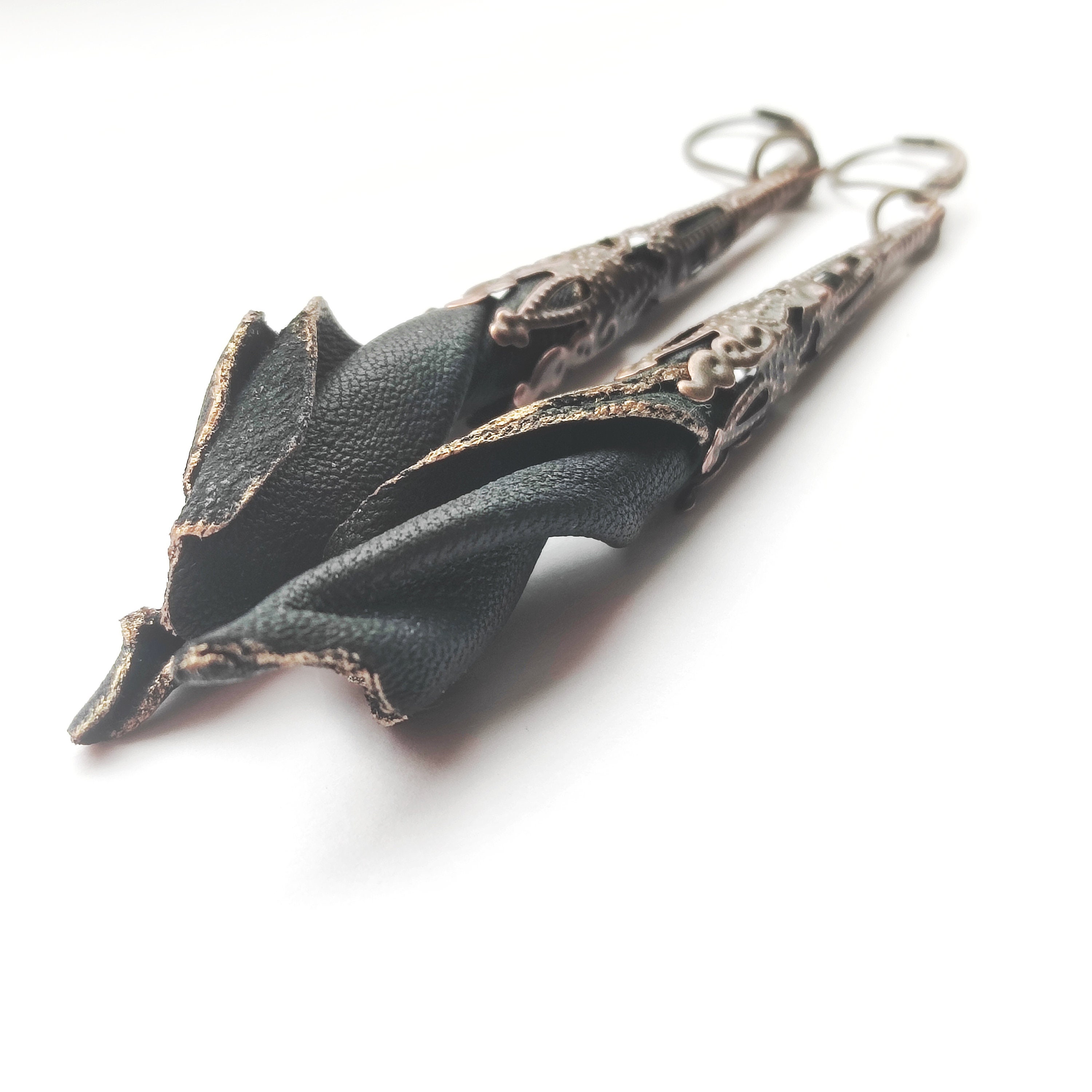 Gothic filigree long cone earrings genuine leather, Flower victorian dangle earrings, White, black, beige, Handmade jewelry, Gift for woman