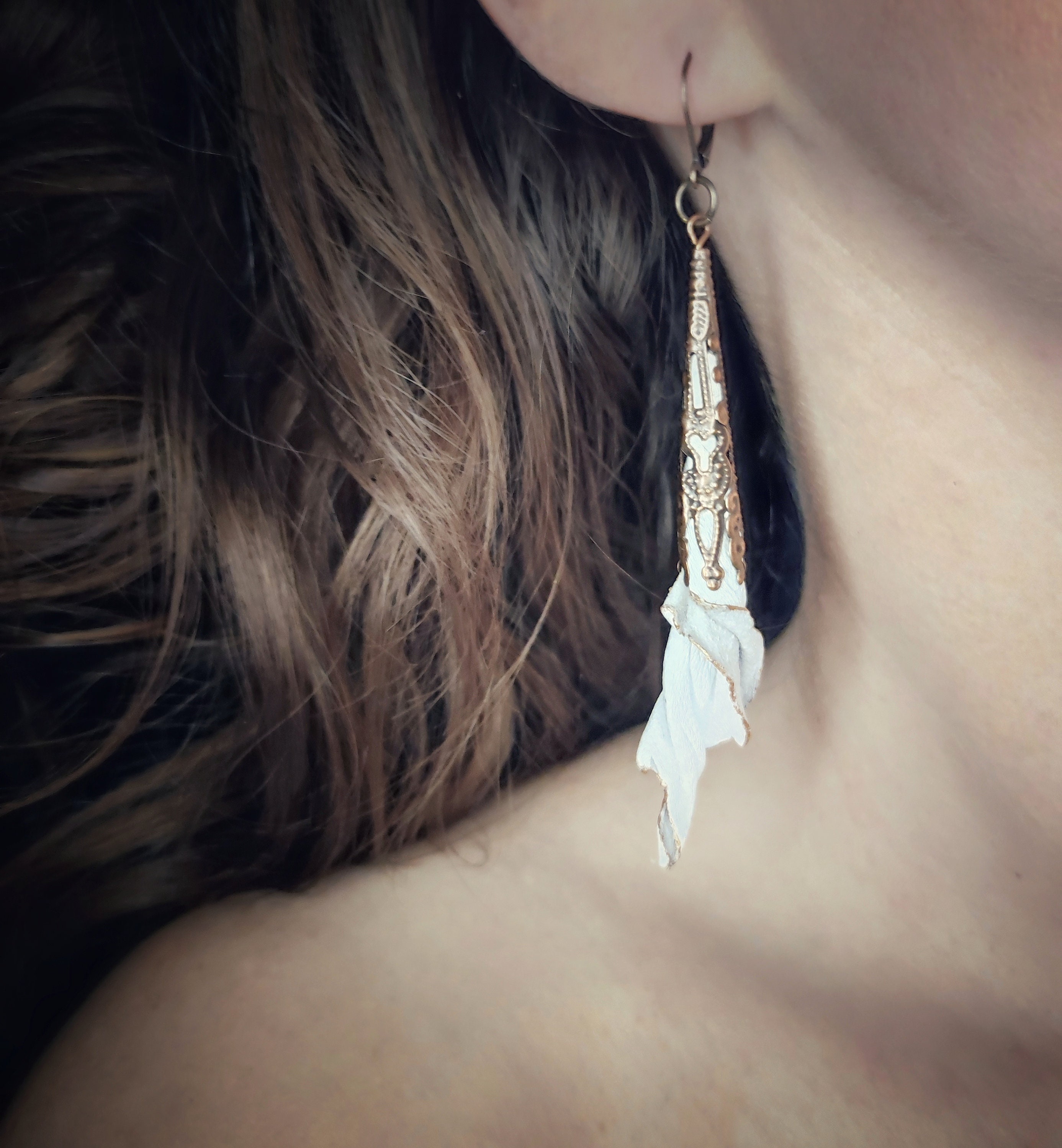 Gothic filigree long cone earrings genuine leather, Flower victorian dangle earrings, White, black, beige, Handmade jewelry, Gift for woman