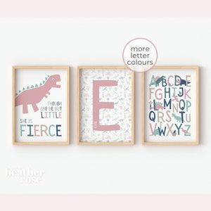 Set of 3 Personalised Pink Dinosaur Prints || girl's dinosaur 3 print set, pink dinosaur wall art, trio of girl's dinosaur prints