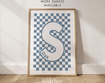 Name Wall Art, Initial Print, Boys Name Print, Blue Checkerboard, Boys Bedroom Prints, Baby Boy Nursery, Personalised Print