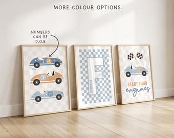 Set of 3 Personalised Car Nursery Prints, Vintage Racing Car Nursery Print, Boys Nursery Wall Art, Toddler Room Decor, Boys Room Decor