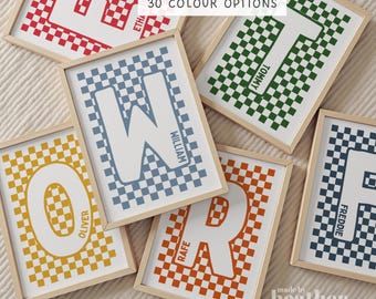 Name Wall Art, Initial Print, Boys Name Print, Girls Name Print, Boys Bedroom Prints, Girls Bedroom Prints, Personalised, Checkerboard