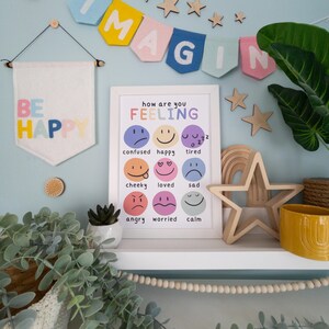 K&ouml;nnte beinhalten: Ein gerahmter Druck mit dem Text "how are you FEELING" und Emoji-Gesichtern, die verschiedene Emotionen darstellen. Ein Banner mit der Aufschrift "BE HAPPY" h&auml;ngt &uuml;ber einem Regal mit Holzsternen und einer sternf&ouml;rmigen Dekoration.