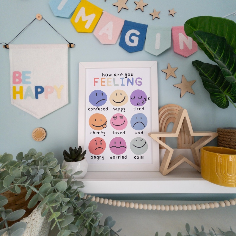 K&ouml;nnte beinhalten: Ein gerahmter Druck mit dem Text "how are you FEELING" und Emoji-Gesichtern, die verschiedene Emotionen darstellen. Ein Banner mit der Aufschrift "BE HAPPY" h&auml;ngt &uuml;ber einem Regal mit Holzsternen und einer sternf&ouml;rmigen Dekoration.