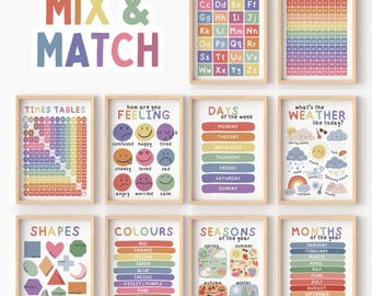 May include: A set of framed educational posters. The posters display the alphabet, numbers, shapes, colours, feelings, days of the week, weather, seasons, and months. The words "MIX & MATCH" are at the top in various colours.