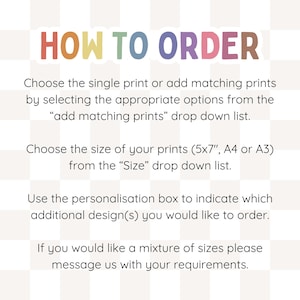 K&ouml;nnte beinhalten: Wei&szlig;er Hintergrund mit dem Text "HOW TO ORDER" in bunten Buchstaben. Der Text darunter erkl&auml;rt, wie man Drucke bestellt, einschlie&szlig;lich der Auswahl von Optionen, Gr&ouml;&szlig;en (5x7", A4 oder A3) und der Verwendung des Personalisierungsfelds. Das Bild ist eine Anleitung zum Bestellen von Drucken.