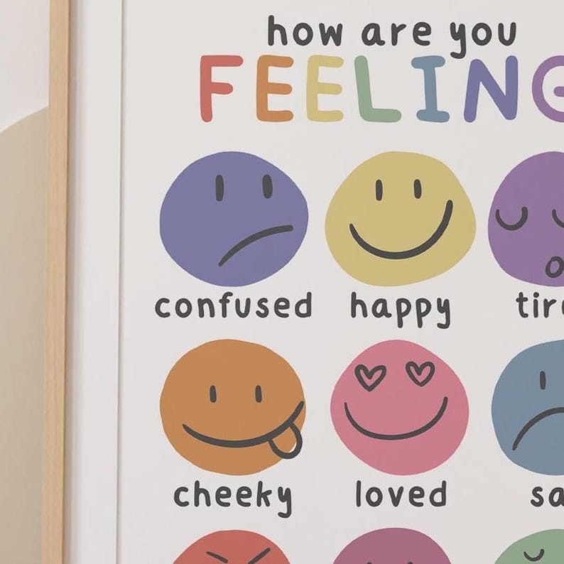K&ouml;nnte beinhalten: Ein gerahmter Druck mit der Aufschrift "how are you FEELING" in bunten Buchstaben. Darunter befinden sich Smiley-Gesichter, die verschiedene Emotionen wie verwirrt, gl&uuml;cklich und geliebt darstellen. Das Poster soll helfen, Gef&uuml;hle zu identifizieren.
