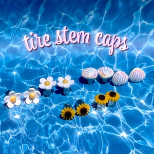 Kawaii Car Tire Valve Stem Caps | Cute Daisy, Sunflower & Holographic Shell Set (4 Caps)