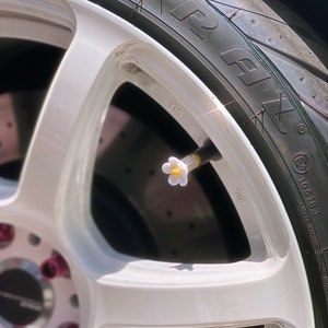 May include: Close-up of a white car wheel with a pink and black hubcap. A small white flower with a yellow center is attached to the valve stem.