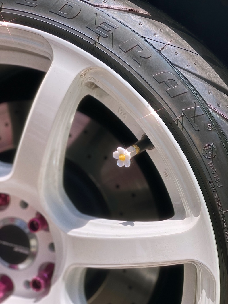 May include: Close-up of a white car wheel with a pink and black hubcap. A small white flower with a yellow center is attached to the valve stem.