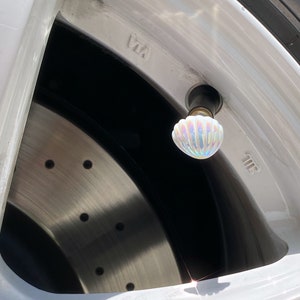May include: Close-up of a white car tire with a iridescent seashell-shaped valve stem cap. The tire is mounted on a white rim with the number "7.5" visible.