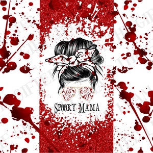 May include: A digital illustration of a woman with a messy bun and sunglasses. The background is a red and white splatter pattern with the text "Spooky Mama".