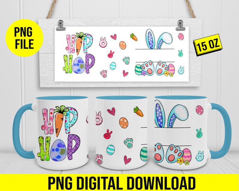 May include: Two white mugs with blue handles. One mug features a colourful "Hip Hop" design with a carrot and an egg. The other mug has a blue bunny ear design with a space for text. Both mugs are 15 oz. PNG digital download.