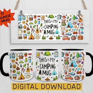 May include: A black and white 11 ounce mug with a design of camping icons and the text "This is my camping mug".