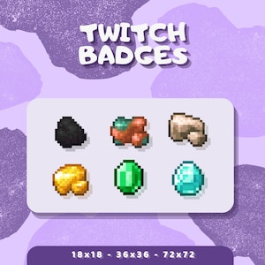 Puede incluir: Seis insignias de Twitch en pixel art de diferentes colores y formas. Las insignias están dispuestas en dos filas de tres. La fila superior incluye una roca negra, una roca roja y verde y una roca beige. La fila inferior incluye una roca dorada, una gema verde y una gema azul. El texto "TWITCH BADGES" está en la parte superior de la imagen. El texto "18x18 - 36x36 - 72x72" está en la parte inferior de la imagen.