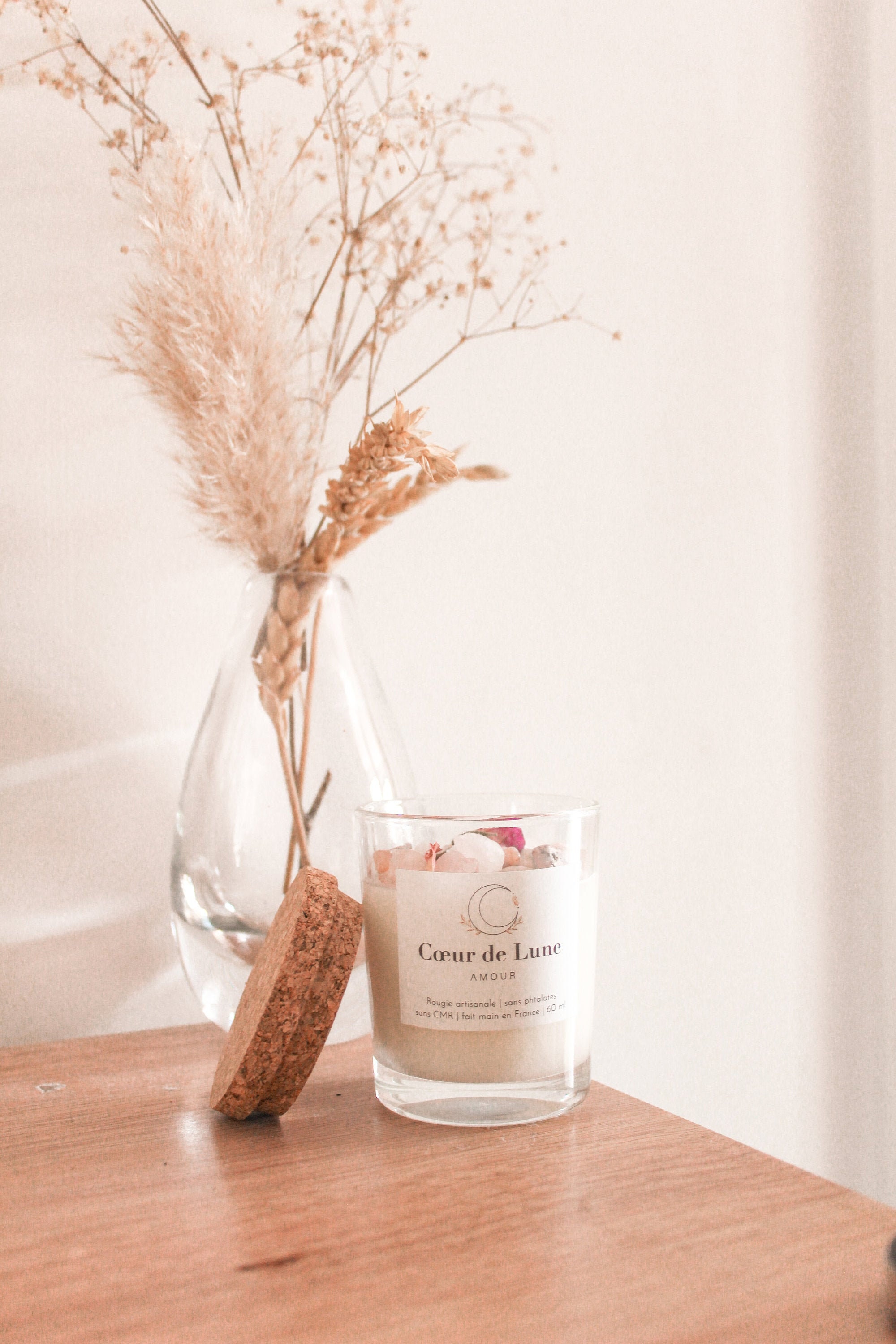 Bougie 100% Végétale Coeur de Lune - Amour 60 Ml Quartz Rose et Opale Livraison Mondial Relay